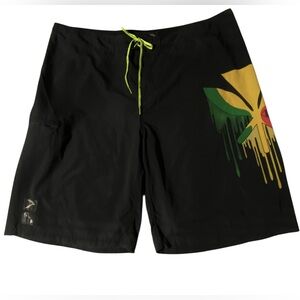 Wailoa Black Board Shorts With A Kanaka
 Flag/Rasta Style Graphic  Sz 40